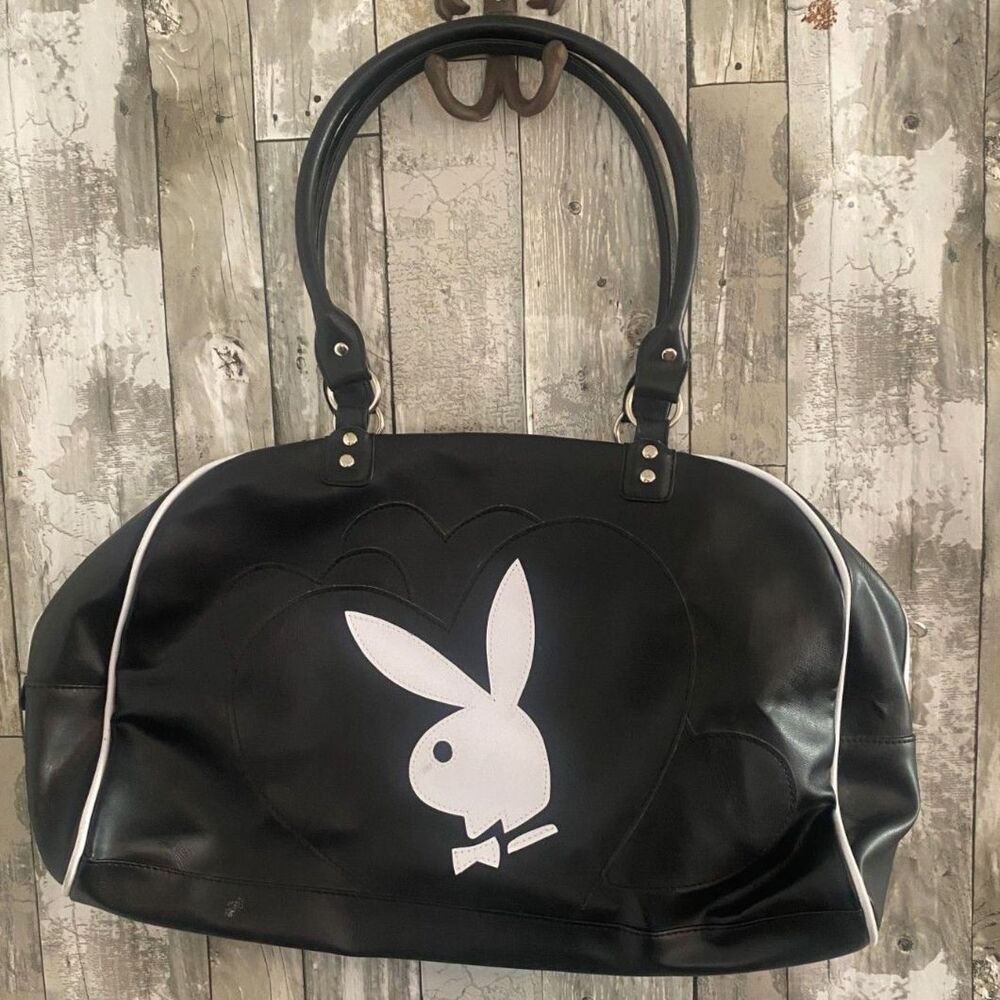 Playboy y2k large black and white duffle bag with hearts and pink lining